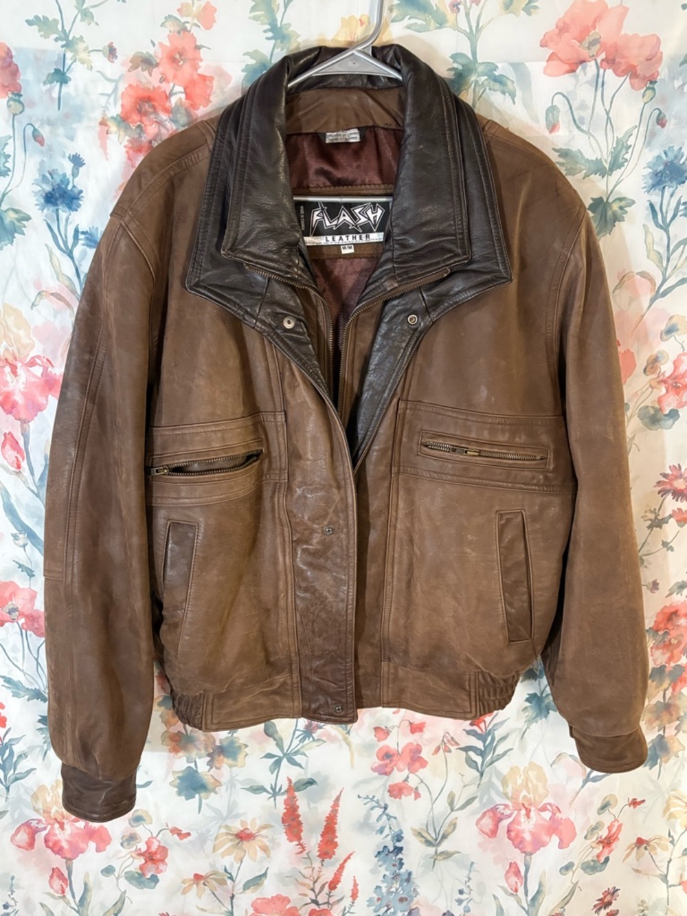 Vintage Men’s Brown Leather Bomber Jacket with Dark Collar